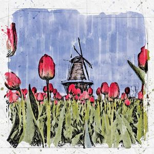 HOLANDA MOINHO E TULIPAS SKETCH AQUARELA
