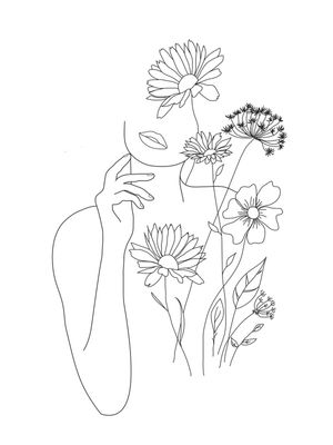 MINIMAL LINE ART WOMAN WITH FLOWERS II
