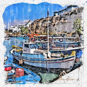 BARCOS DE PESCA PORTO SANTORINI SKETCH AQUARELA