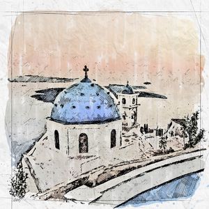 POR DO SOL SANTORINI GRECIA SKETCH AQUARELA