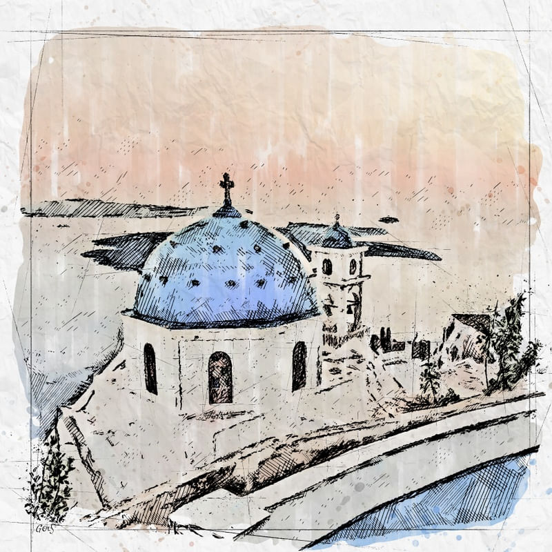POR DO SOL SANTORINI GRECIA SKETCH AQUARELA