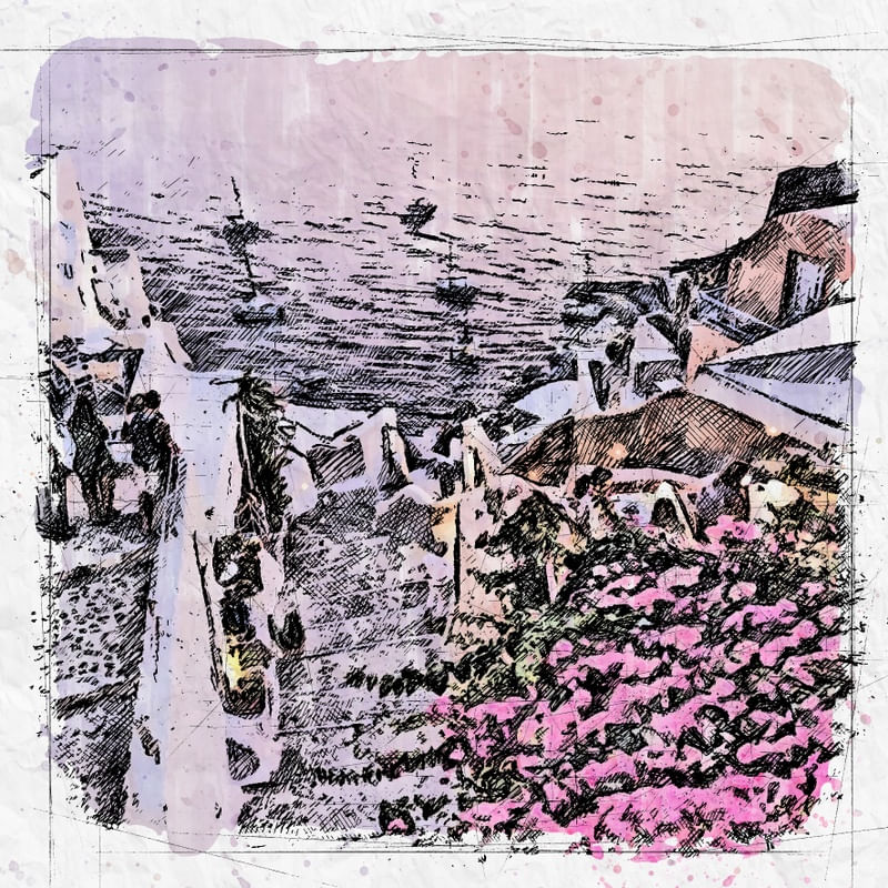 VELEIROS BAÍA DE SANTORINI SKETCH AQUARELA