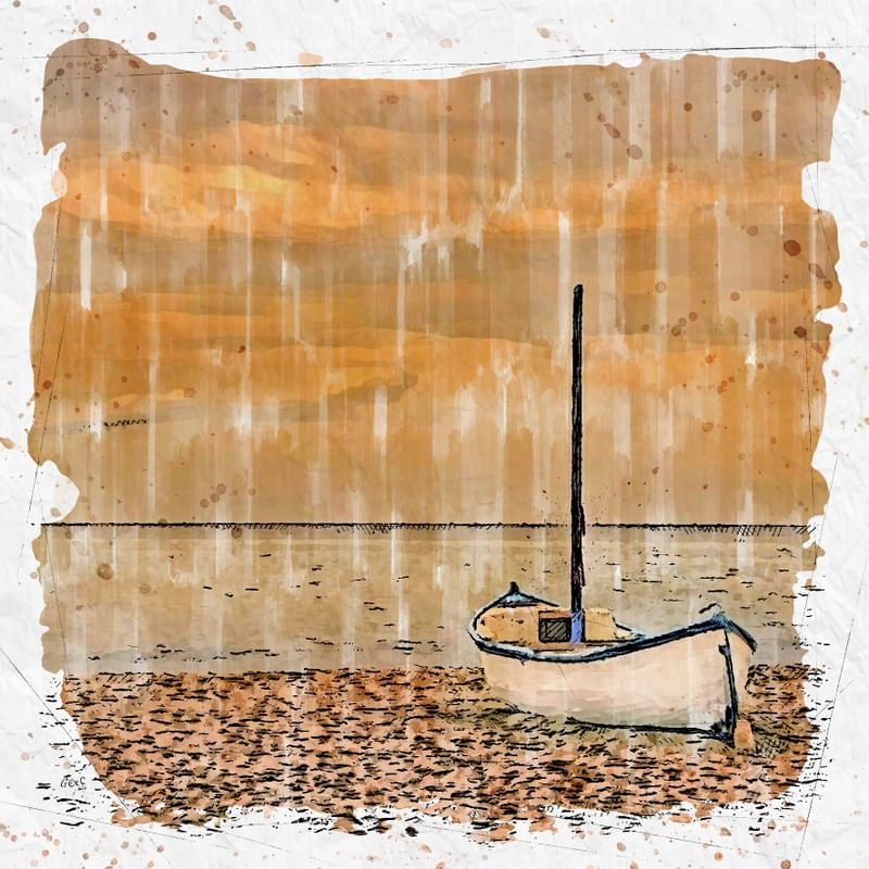 BARCO NA PRAIA POR DO SOL SKETCH AQUARELA
