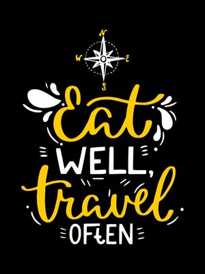 EAT WELL TRAVEL OFTEN FUNDO PRETO AMARELO OURO