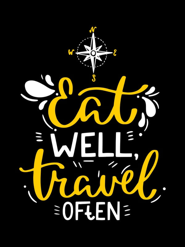 EAT WELL TRAVEL OFTEN FUNDO PRETO AMARELO OURO