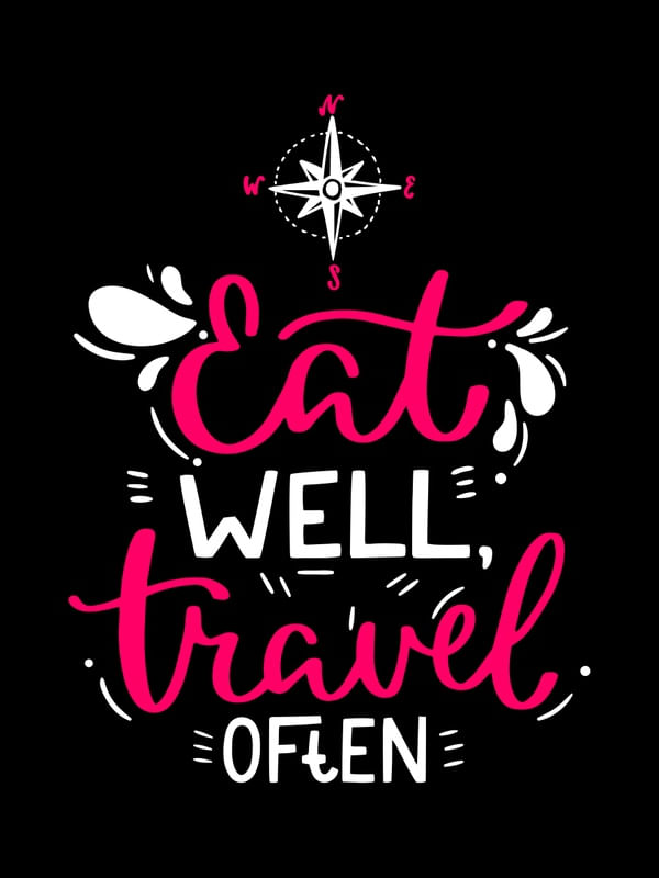 EAT WELL TRAVEL OFTEN FUNDO PRETO VERMELHO INTENSO