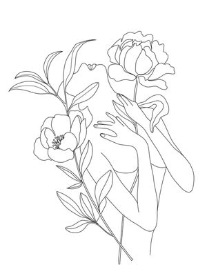 MINIMAL LINE ART WOMAN WITH PEONIES