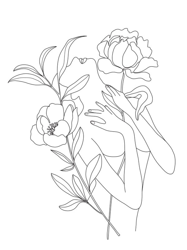 MINIMAL LINE ART WOMAN WITH PEONIES