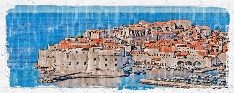 CROACIA DUBROVNIK SKECTH AQUARELA PORTO E FORTALEZA
