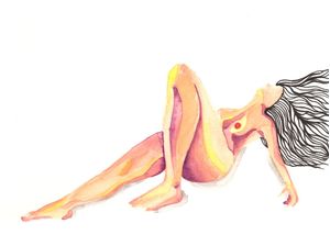 MULHER DEITADA COM CABELOS AO VENTO - AQUARELA