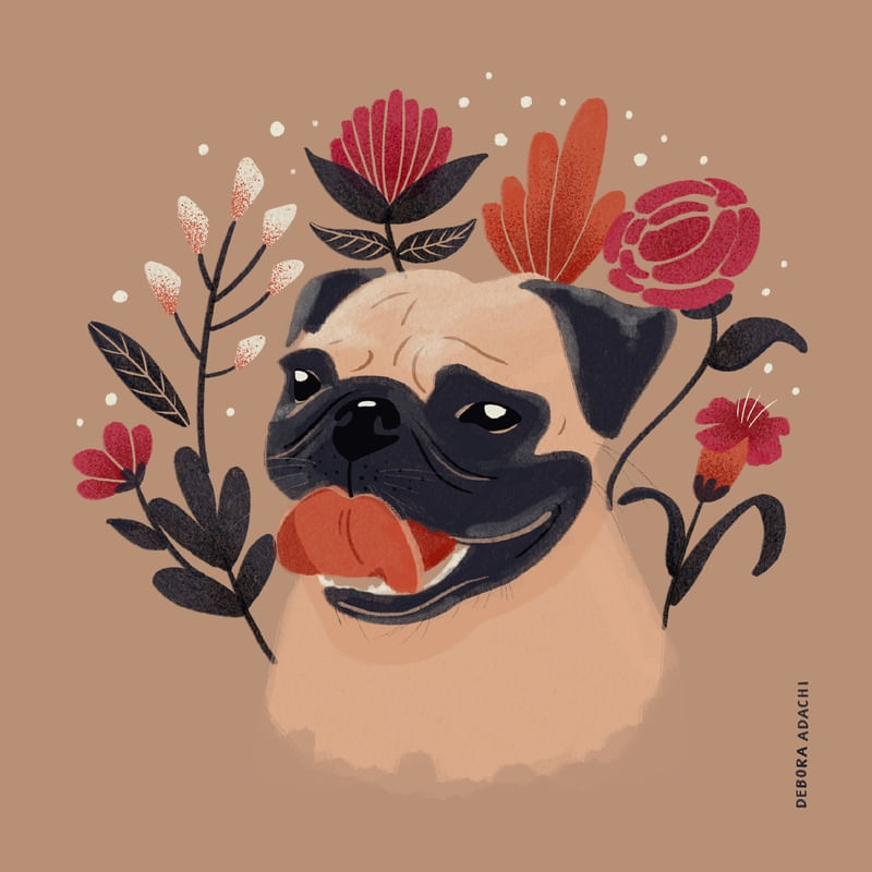 PUG RETRATO FLORES / CUTE PUG FLORAL BACKGROUND