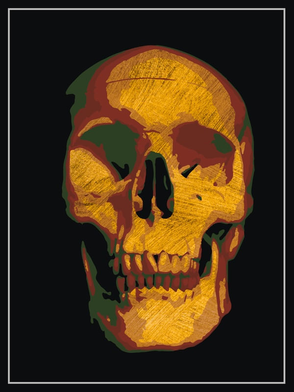 FRONT PORTRAIT RED, GOLD AND GREEN SKULL