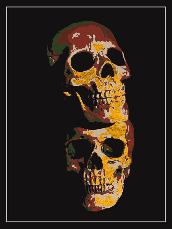 PILED RED, GOLD AND GREEN SKULLS