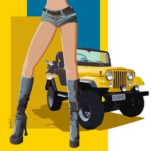 GIRL OLD CAR JEEP AMARELO
