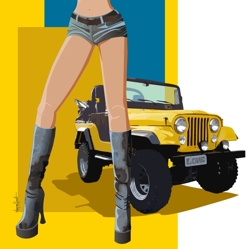 GIRL OLD CAR JEEP AMARELO