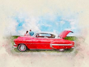 CARRO VERMELHO COM NAMORADOS AQUARELA