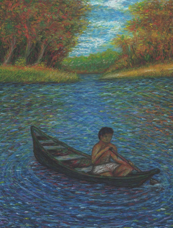 ÍNDIO CANOEIRO EM DESENHO DE GIZ PASTEL