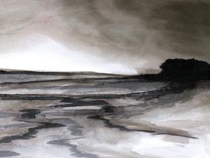 IN THE DISTANCE 2, PAISAGEM SEPIA ATMOSFERICO AGUARELA PINTURA