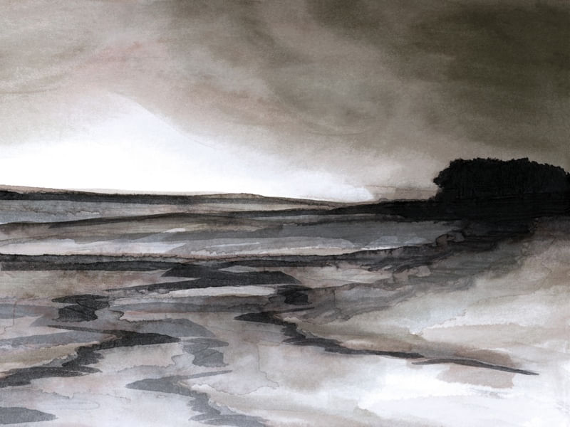 IN THE DISTANCE 2, PAISAGEM SEPIA ATMOSFERICO AGUARELA PINTURA