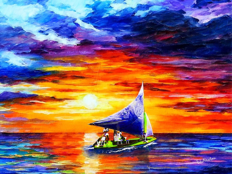 JANGADA EM ALTO MAR AO POR DO SOL - PINTURA A ÓLEO