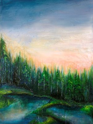 WOODLAND RETREAT 1, ARVORES MODERNO COLORIDO PAISAGEM PINTURA