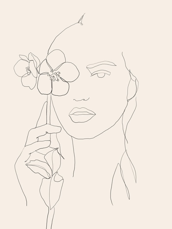 LINE DRAWING GIRL HOLDING FLOWERS