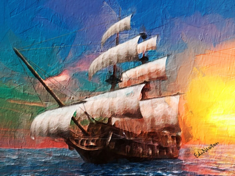 CARAVELA AO POR DO SOL - PINTURA A ÓLEO