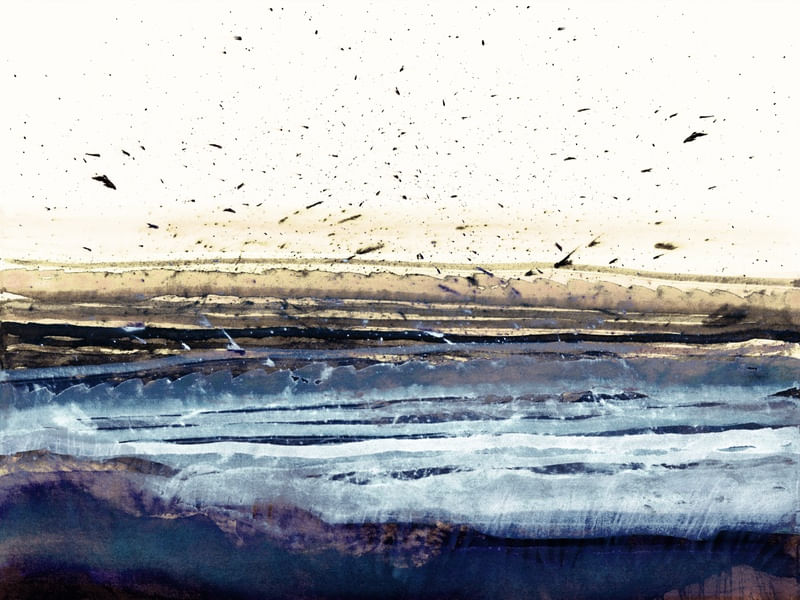 MARSHLANDS 4, ABSTRATO CAMPO PAISAGEM PANORAMA ELEGANTE AGUARELA PINTURA