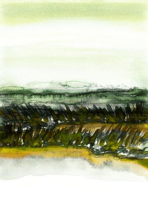 FIELD ON A WINDY DAY 1, CAMPO PAISAGEM ABSTRATO AGUARELA PINTURA