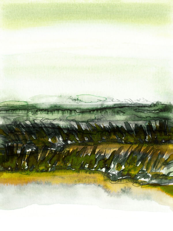FIELD ON A WINDY DAY 1, CAMPO PAISAGEM ABSTRATO AGUARELA PINTURA