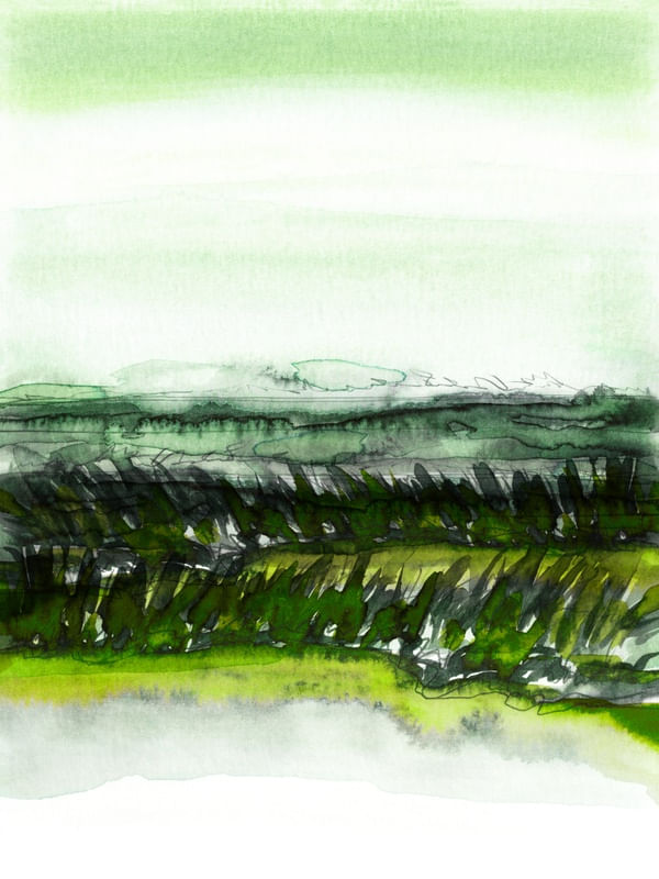 FIELD ON A WINDY DAY 2, CAMPO PAISAGEM ABSTRATO AGUARELA PINTURA