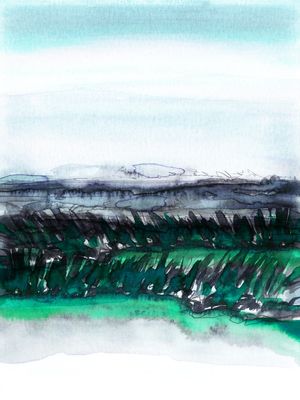 FIELD ON A WINDY DAY 3, CAMPO PAISAGEM ABSTRATO AGUARELA PINTURA