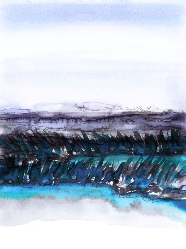 FIELD ON A WINDY DAY 4, CAMPO PAISAGEM ABSTRATO AGUARELA PINTURA