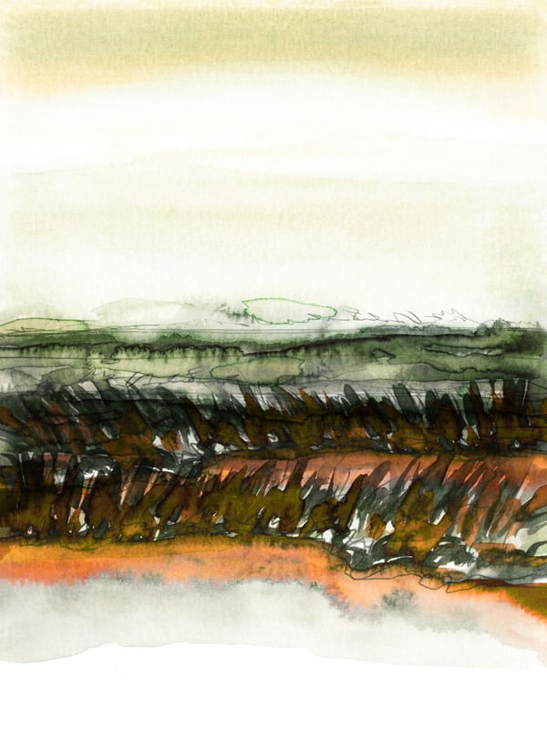 FIELD ON A WINDY DAY 5, CAMPO PAISAGEM ABSTRATO AGUARELA PINTURA