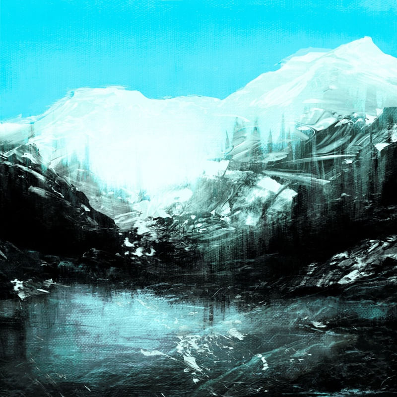 WOODLAND REFLECTION, TURQUESA AZUL MONTANHAS ARVORES PAISAGEM PINTURA