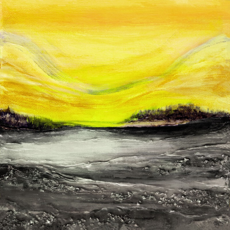 SUNSET GLOW 1, PANTONE ILLUMINATING YELLOW ULTIMATE GRAY MONTANHAS ARVORES PAISAGEM PINTURA