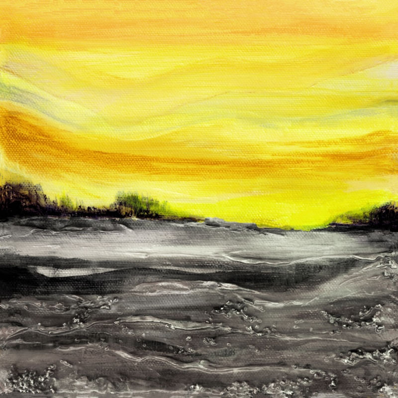 SUNSET GLOW 2, PANTONE ILLUMINATING YELLOW ULTIMATE GRAY MONTANHAS ARVORES PAISAGEM PINTURA