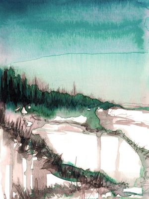 SHORELINE 3, VERDE BRANCO COSTA COSTEIRO ARVORES FLORESTA AGUARELA PINTURA