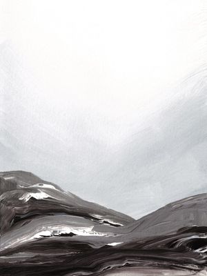 VANTAGE POINT 1, CINZA PRETO E BRANCO MINIMALISTA ABSTRATO MONTANHAS NEUTRO PAISAGEM PINTURA