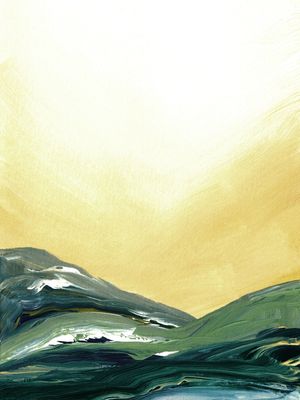 VANTAGE POINT 4, AMARELO VERDE CERCETA MINIMALISTA ABSTRATO MONTANHAS PAISAGEM PINTURA