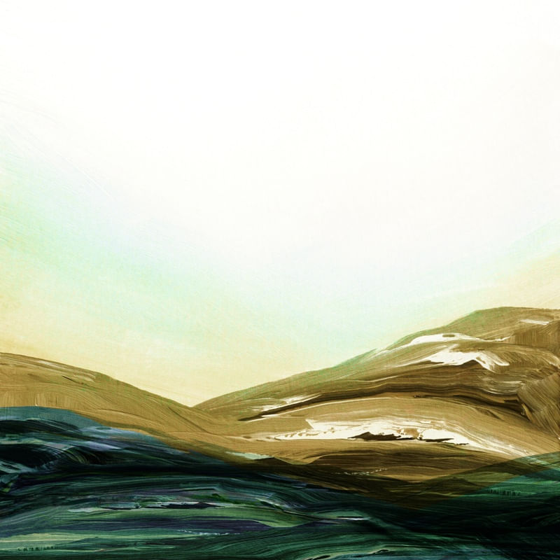 THE VIEW FROM UP HERE 1, TAUPE VERDE BRONZEADA MINIMALISTA MONTANHAS PAISAGEM PINTURA