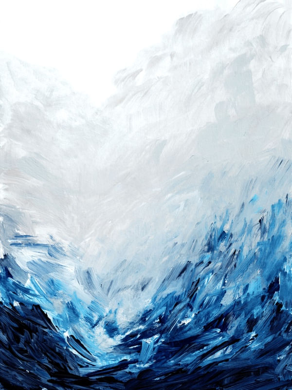 CRASH INTO ME 1, INDIGO AZUL CINZA ONDAS OCEANO ABSTRATO COSTEIRO PINTURA