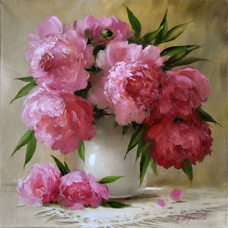 PINK FLOWERS IN VASE, PAINTER ELENA PERMINOVA