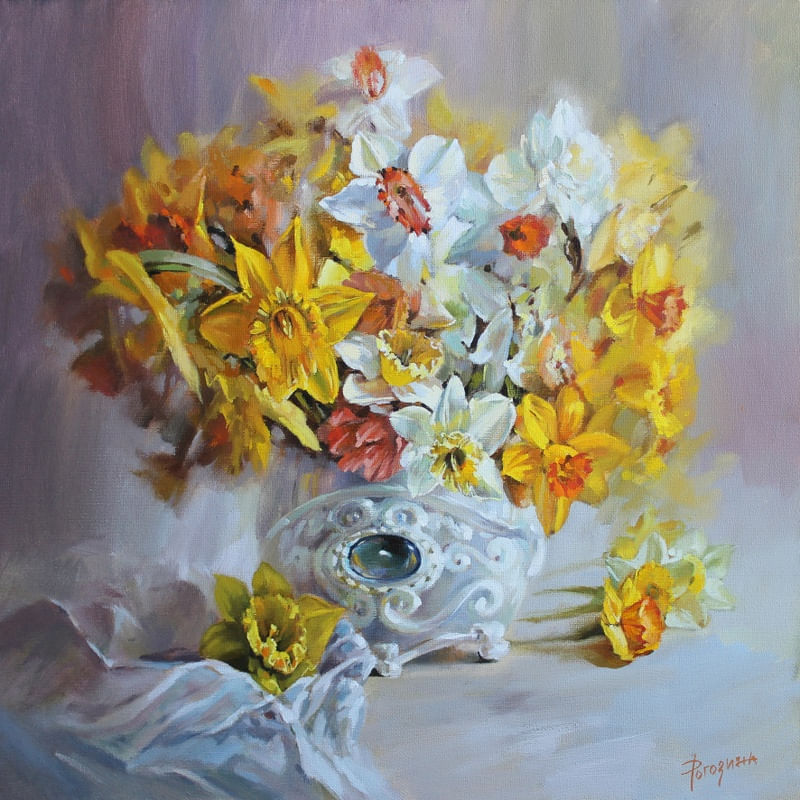 DAFFODILS IN WHITE VASE, PAINTER SVETLANA ROGOZINA