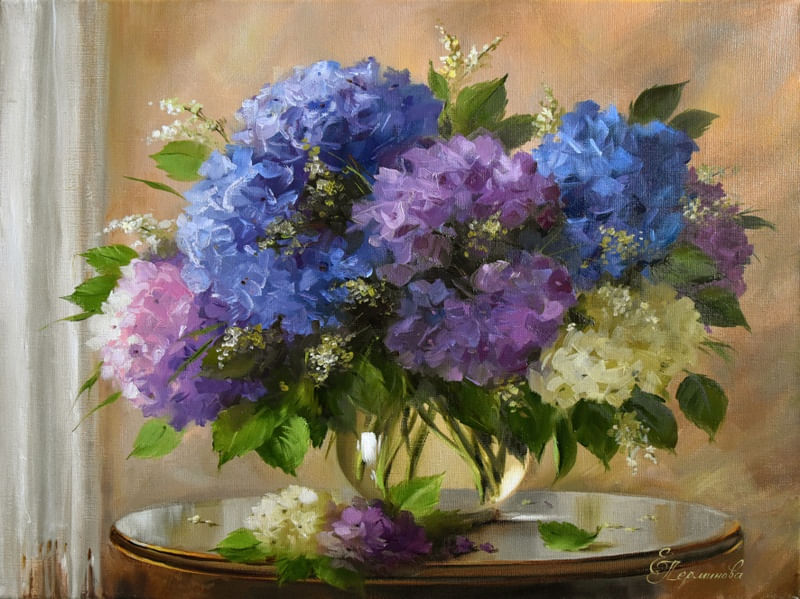 BLUE HYDRANGEA, PAINTER ELENA PERMINOVA