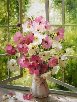 BOUQUET BY WINDOW, PAINTER ELENA PERMINOVA