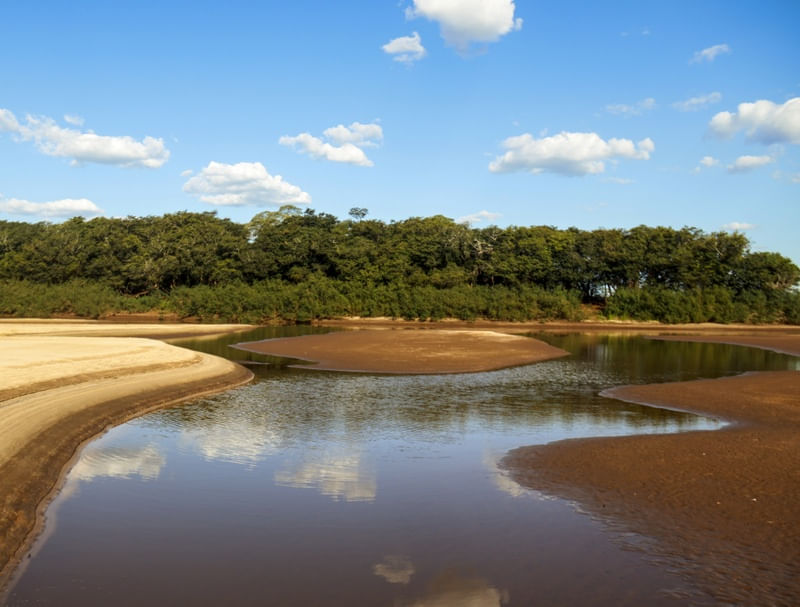 BELO CONTRASTE ENTRE O RIO, ÁRVORES E CÉU