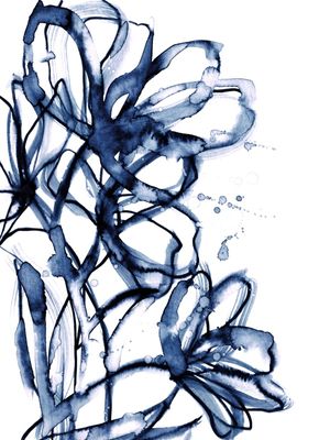BRUSHSTROKE BLOOMS 2, INDIGO AZUL E BRANCO FLORAIS BOTANICO AGUARELA PINTURA