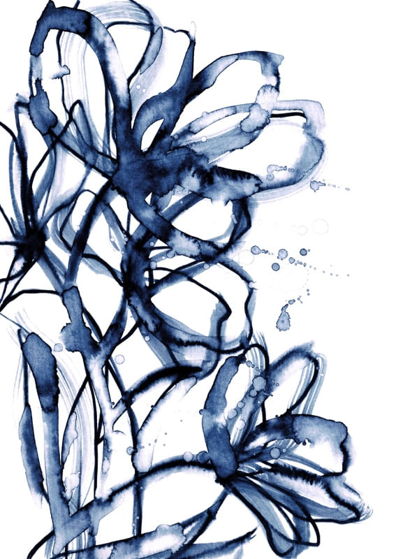BRUSHSTROKE BLOOMS 2, INDIGO AZUL E BRANCO FLORAIS BOTANICO AGUARELA PINTURA