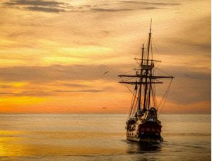 PINTURA BARCO A VELA POR DO SOL